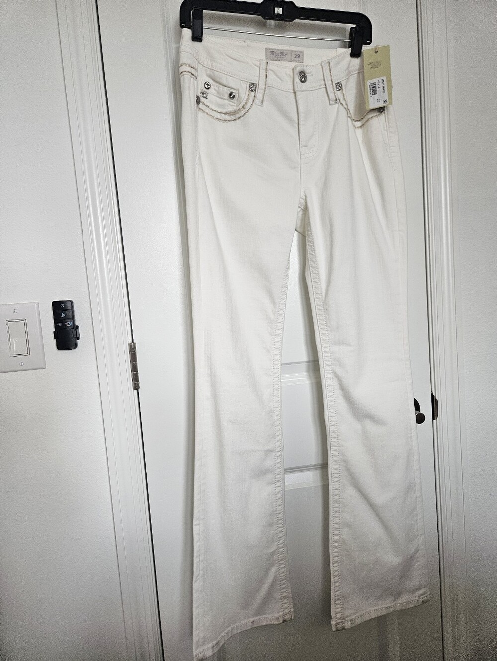 NWT Miss Me Women's Mid Rise Whipstitch Border Pocket 34" Bootcut Stretch Sz 29